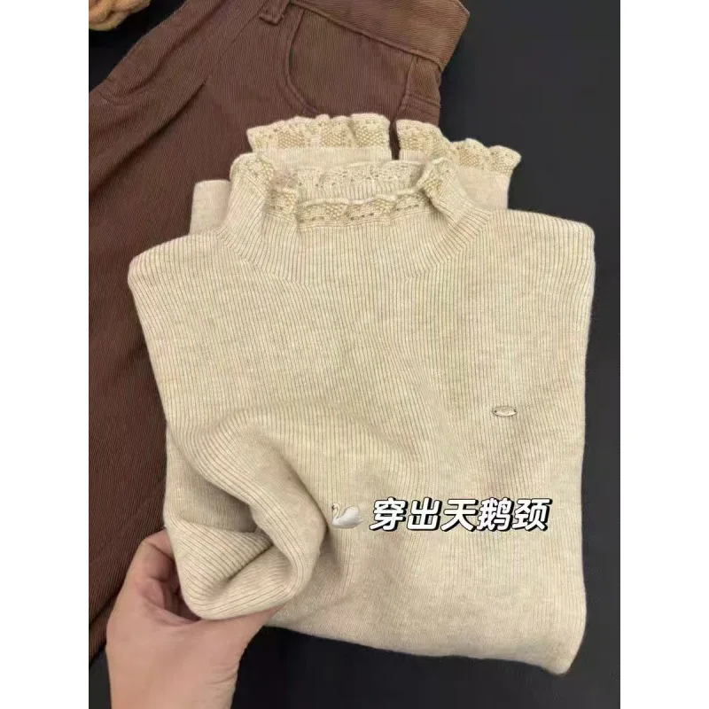 

Вязаный базовый свитер с кружевным воротником-стойкой для женщин на осень и зиму, красивый интерьерный свитер во французском стиле Kochi