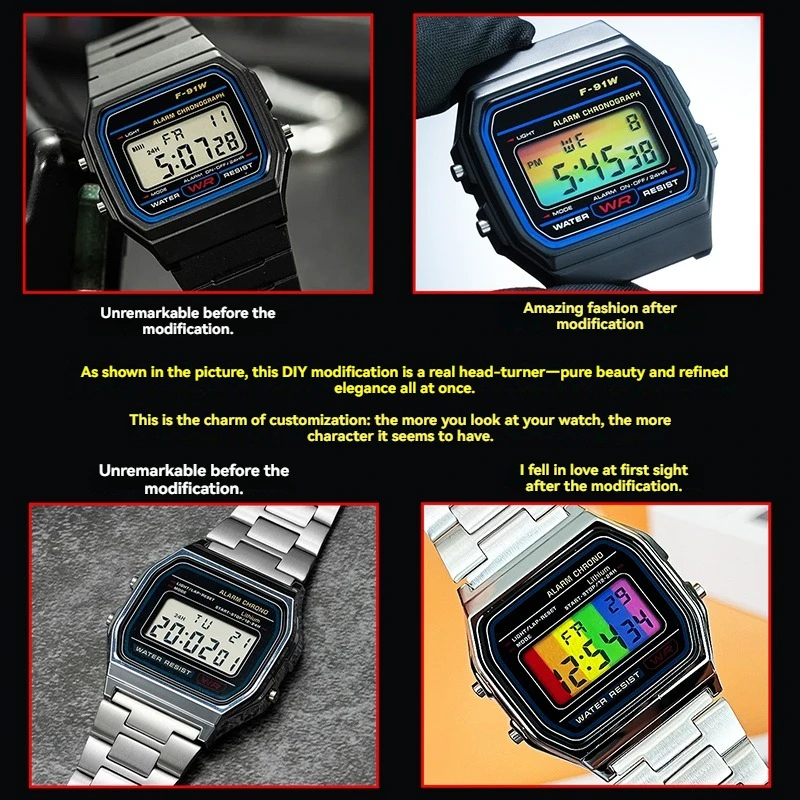 For Casio Small Square F91W/A158/A159 Series Screen Modification Stickers Rainbow Gradient Watch Screen Coating Accessories