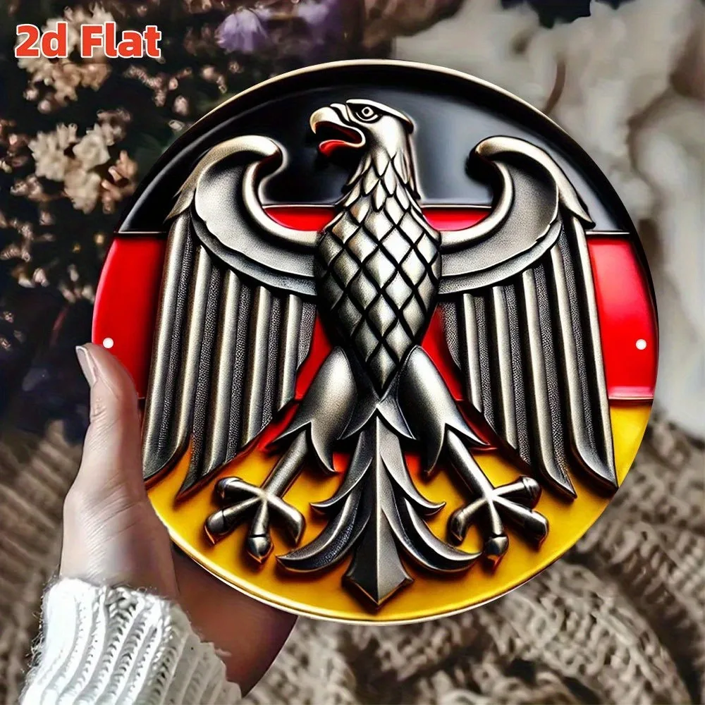 German Coat of Arms Wall Art - 7.8" Round Aluminum Emblem Black Eagle Golden Shield, Durable Indoor Outdoor Hanging Decor for