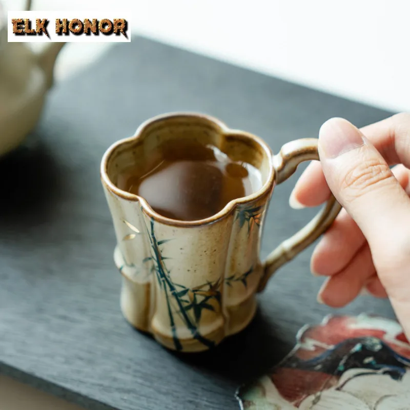 90ML Antique Gold Drawing Ceramic Teacup Hand-painted Bamboo Water Jug Coffee Mug With Handle Personal Master Cup Drinkware Gift