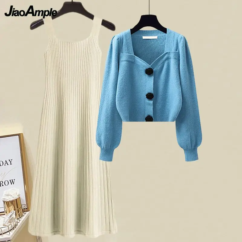 Women's Autumn Winter New in Matching Set Korean Elegant Knit Sweater Cardigan Strap Dress Two Piece Female Chic Clothing Suit