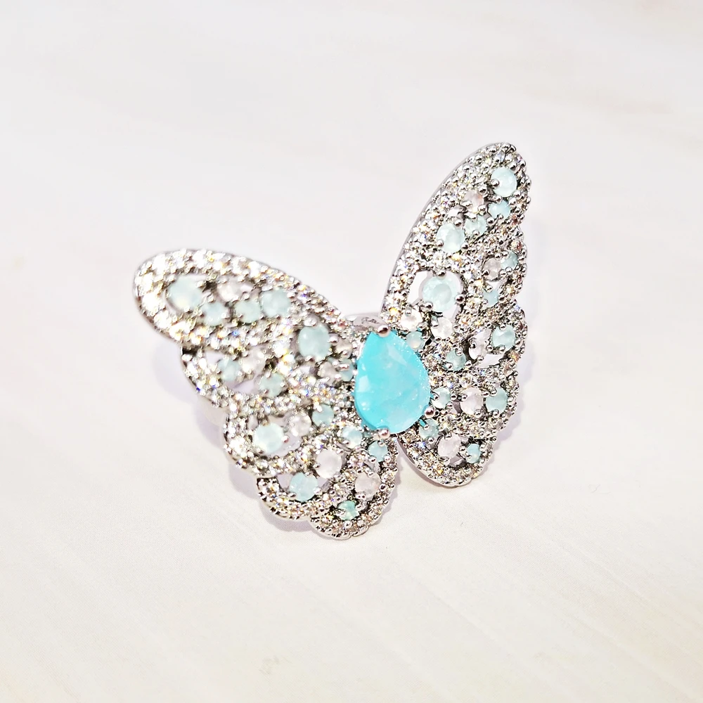 DreamCarnival1989 New Butterfly Ring Women Elegant Aquamarine Pink Opal High Quality Engagement Party Jewelry Recommend WA12009