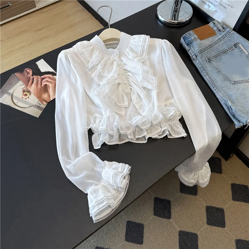 

Ruffles Elegant Chiffon Shirt Women Autumn Winter Sweet Flare Sleeve Crop Blouse Female Kawaii Lolita White All Match Chic Tops