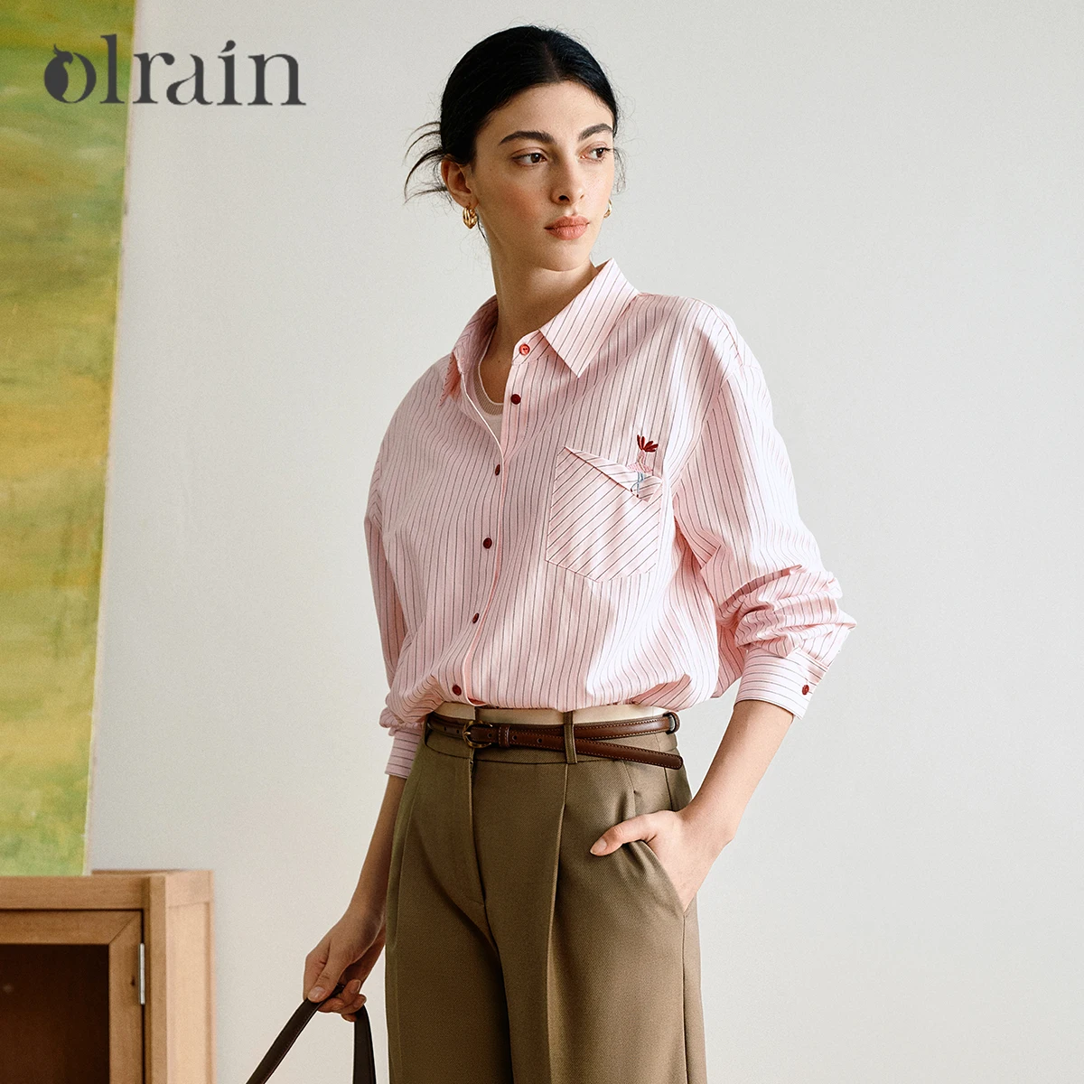 Olrain casual versátil camisas femininas 2025 outono novo commuter magro listrado camisa superior senhoras blusa de manga longa m57qc000129