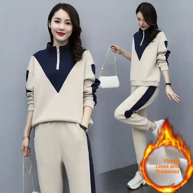 Thickened Fleece Sportswear Set Women's Casual Long Sleeve Sweatshirt Two-Piece Set Autumn Winter New Style Comfortable Stree...