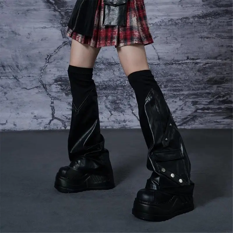 

Y3NE Women Over Knee Elastic Top Leg Warmers Punk Leather Rivets Flared Leg Covers