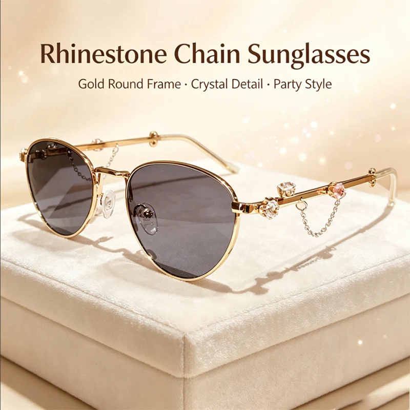 New Korean Style Vintage Rhinestone Chain Sunglasses Luxury Trendy Exaggerated Shades for Women