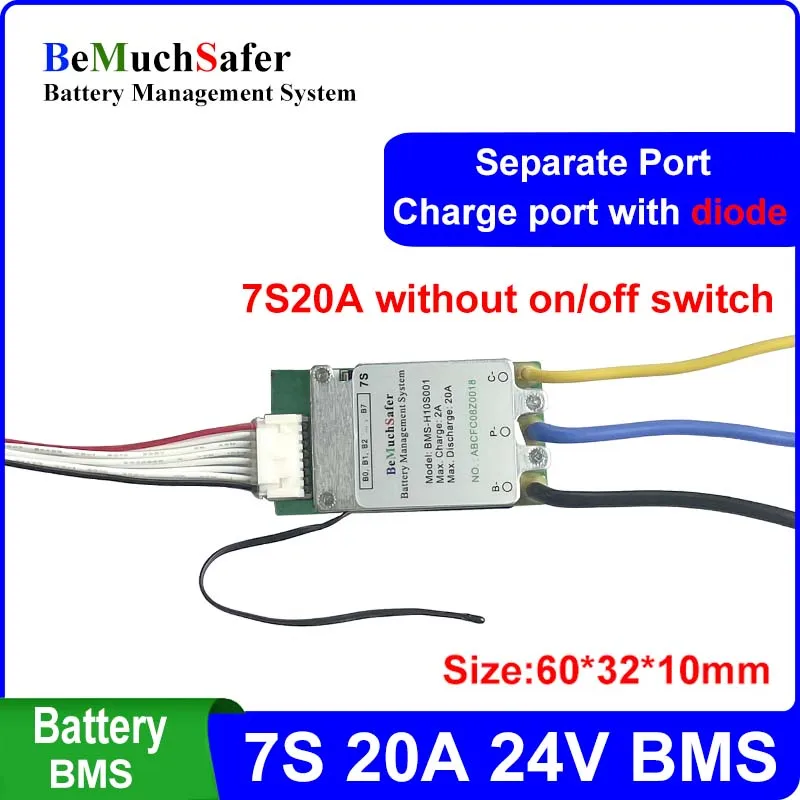 Bateria BMS com Interruptor Ligado e Desligado, Sensor de Temperatura, Porta Separada, DIY E-Bike, Bateria E-Scooter, 24V, 7S, 20A, BMS 7S20A