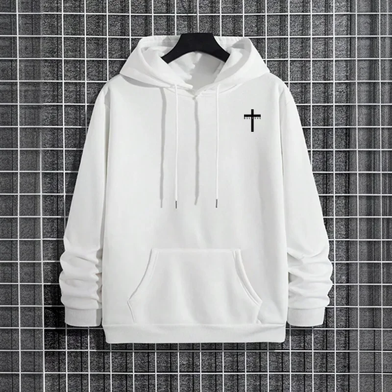 Mens Urban Hoodie 2025 High Quality Solid Color Long Sleeve Sweatshirt Casual Sporty Hooded Outerwear Jesus Cross Print Pullover - Image 2