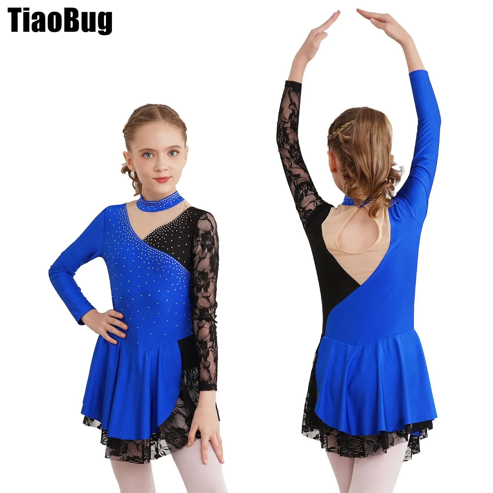 

Kids Girls Figure Skating Dance Dress Sparkly Rhinestones Lace Patchwork Dress Color Block Long Sleeve Keyhole Back Dresses