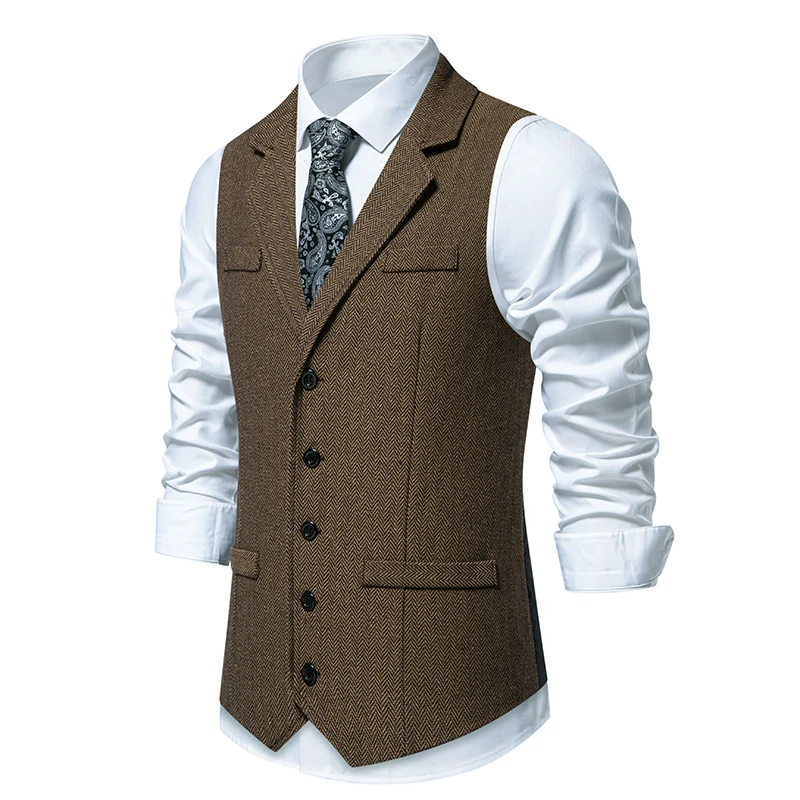 2024 Spring/summer New Men\'s Suit Vest with Herringbone Fabric Splicing Satin Single Breasted Fake Pocket Formal Vest