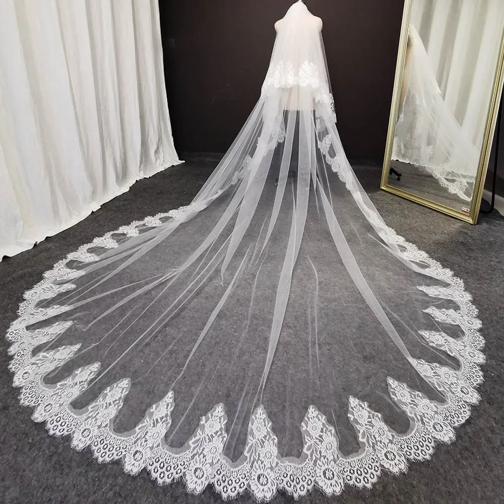 Elegant Lace Cathedral Bridal Veil High Quality 3 Meters 2 Tiers Long Wedding Veil with Comb Wedding Accessories