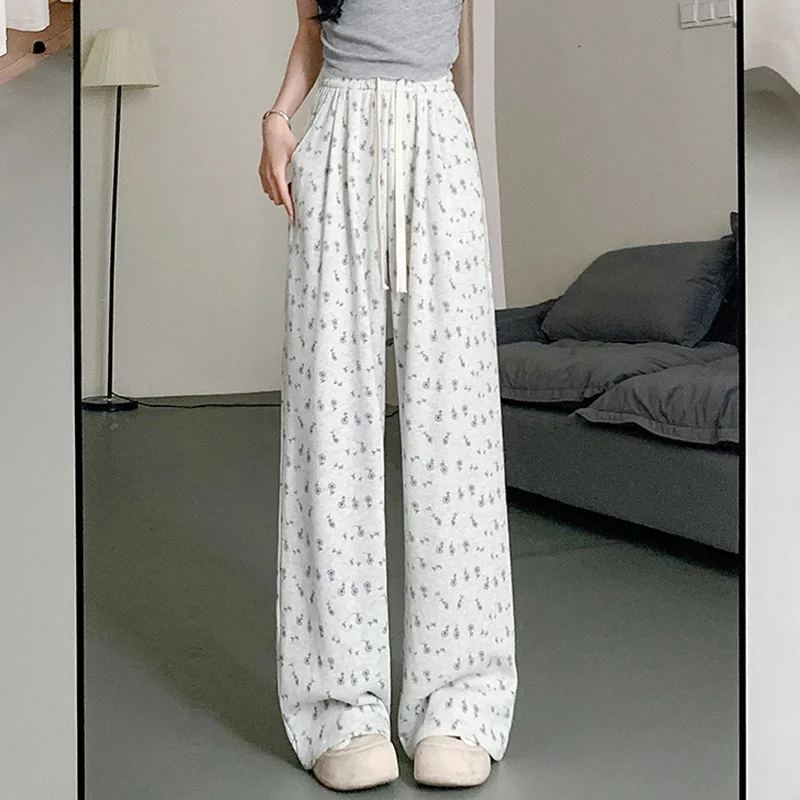 Cutecore-Calças femininas largas de cintura alta, grafismo floral, perna reta, calças femininas, calças especiais de férias, coreano