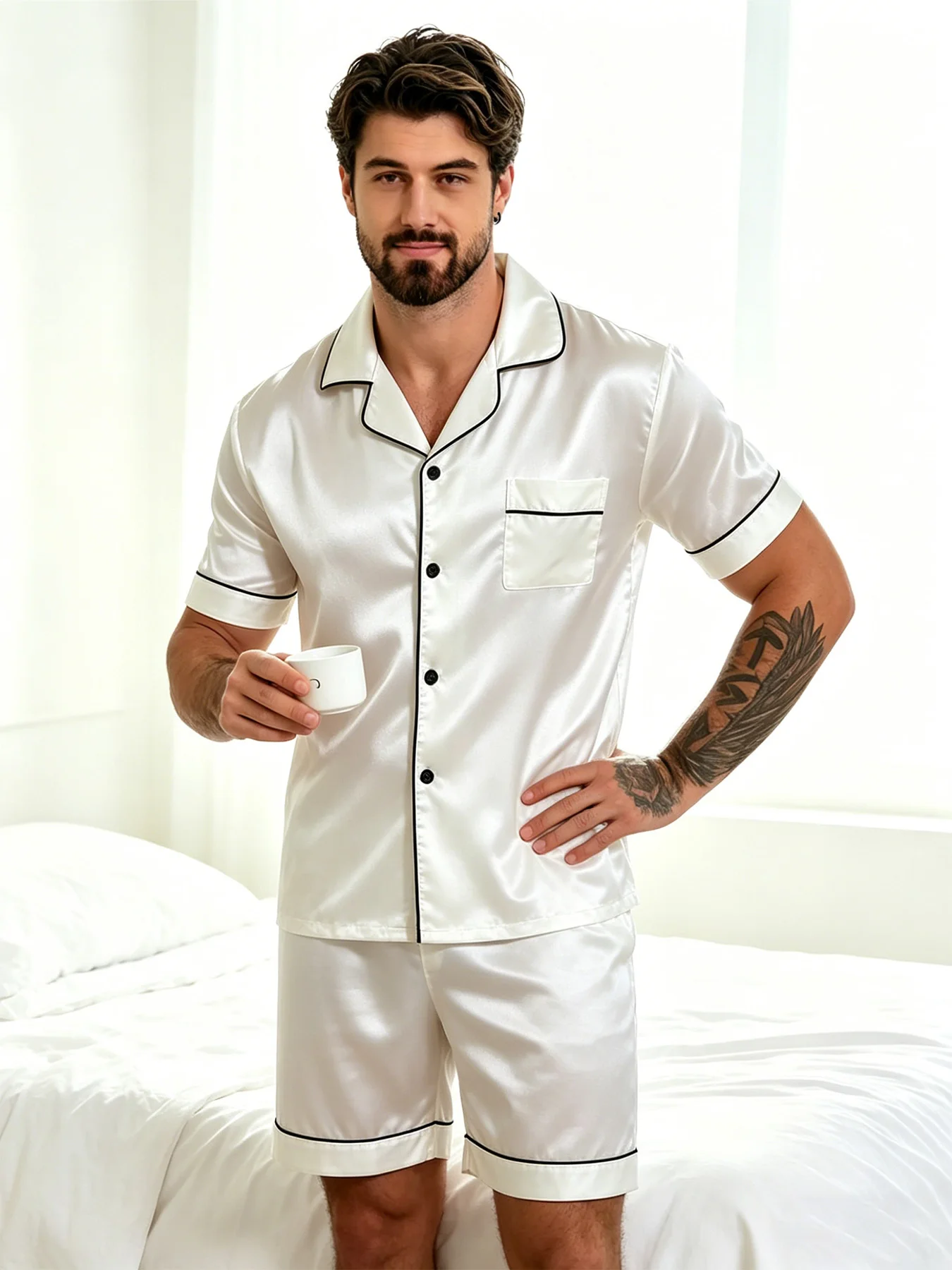 2 pçs/set conjunto de pijamas masculinos para o verão preto manga curta botão para baixo camisa superior & shorts pijamas loungewear shorts terno pijamas