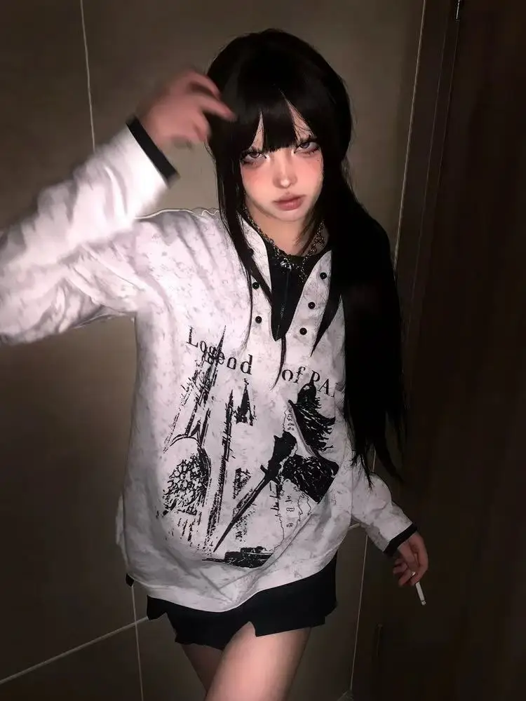 Grunge Fake Two Pieces Patchwork Hoodie Long Sleeves Men's and Women's Tops Gothic Tees Grey Spring Autumn Pullover Streetwear