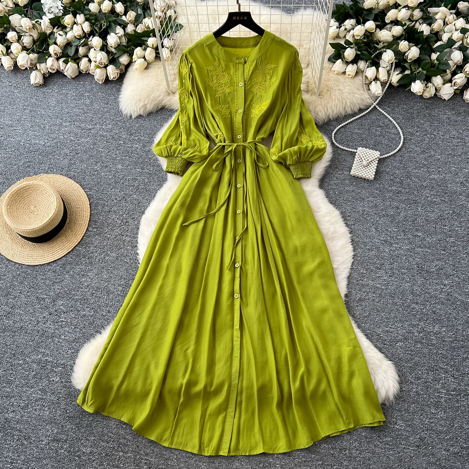 Vintage elegante geborduurde knoopjurk A-lijn chique casual strandvakantie dames zomerjurken