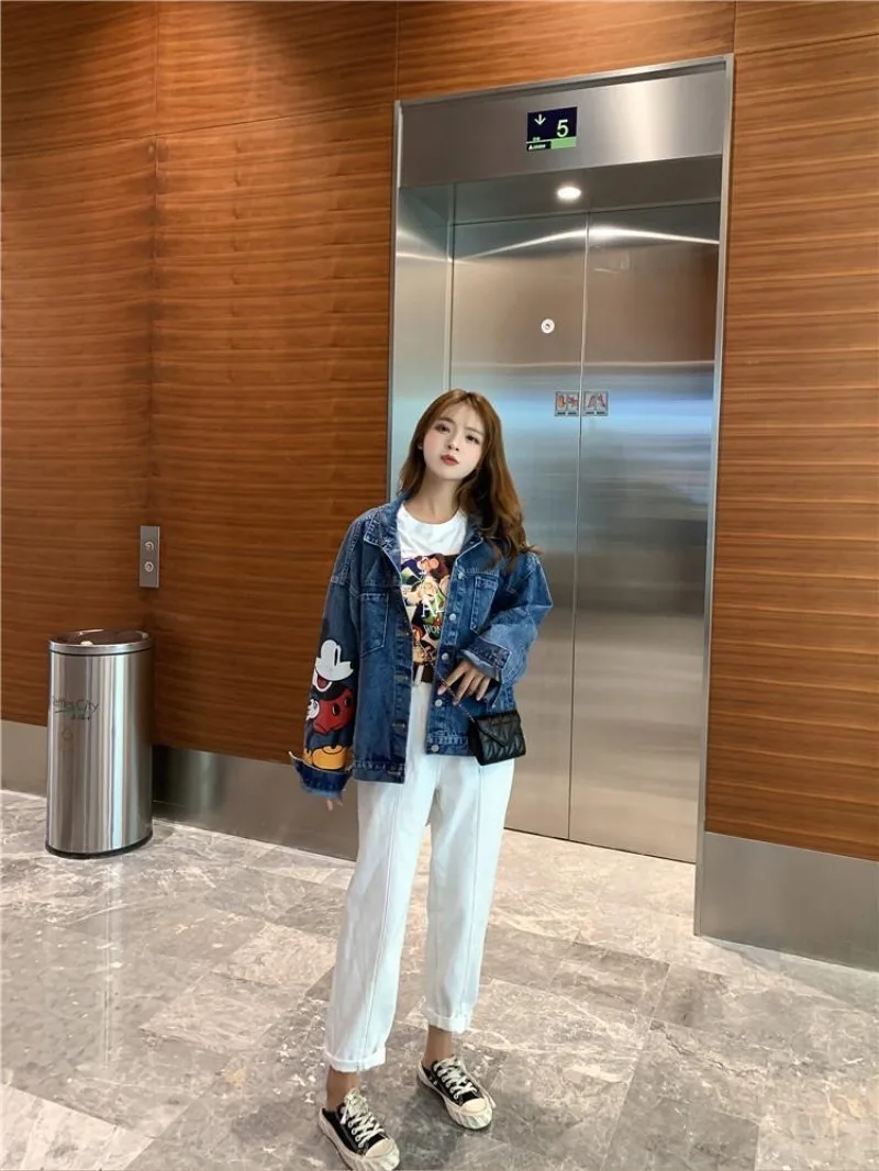 Veste en jean surdimensionnée à manches tombantes, imprimé Disney Mickey, vêtements de printemps et d'automne pour femmes, manteau Harajuku pour femmes, 2025