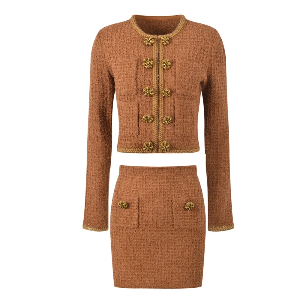 Brown Knitted Coat+Skirt Set 2025 Autumn/Winter New Style Celebrity Double Row Buckle Skirt 2-piece Set