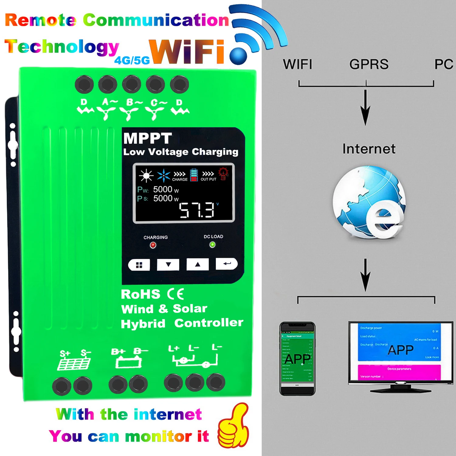 Imagem -05 - Vento Mppt Solar Híbrido Controlador de Carga Display Lcd Wifi Monitor para Lifepo4 Lítio Ácido Chumbo Bateria 5000w 12 v 24 v 48v 30a 60a