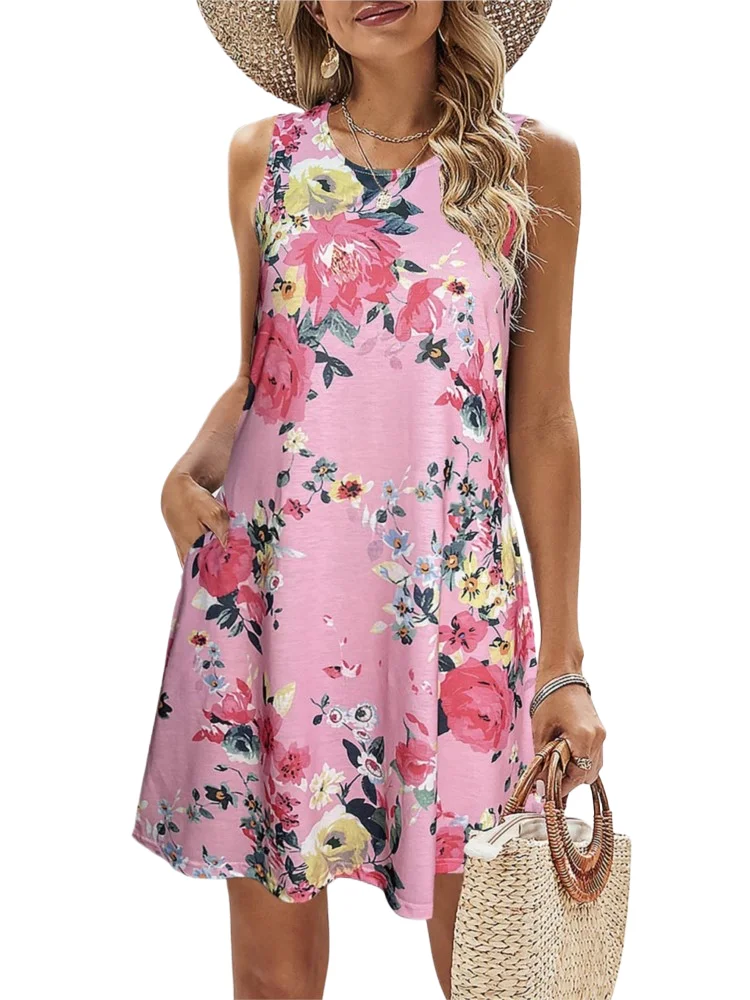 

Fashion Floral Print Dress Lady Casual O Neck Sleeveless Loose Dresses For Women Summer Boho Holiday Beach Skirt Womens Clothing