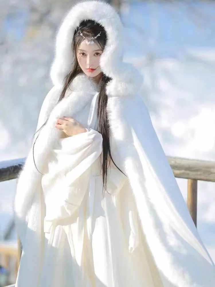 

Белый утепленный плюшевый плащ ханьфу для женщин, зимний традиционный китайский костюм, старинный наряд феи для косплея и фотосессий, верхняя накидка