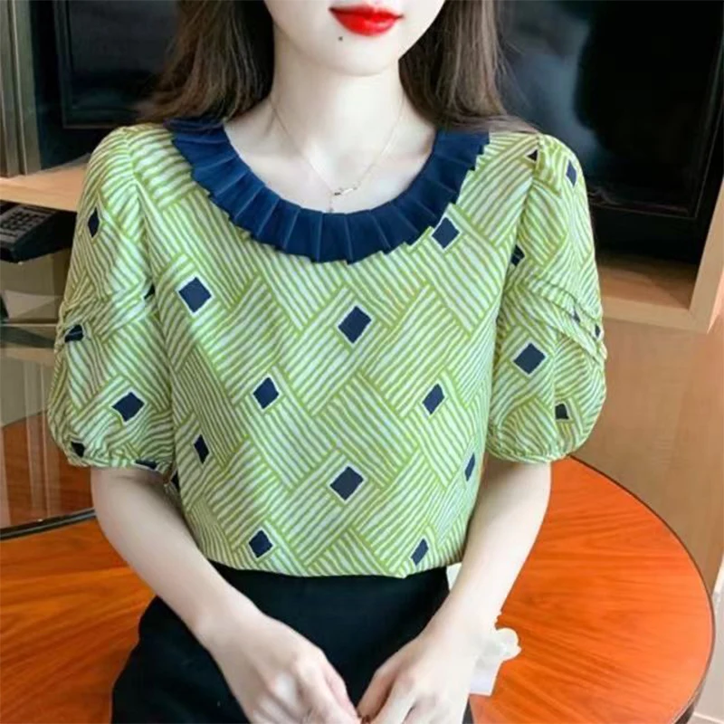 

Summer New Elegant Fashion Printing Patchwork Shirt Women Short Sleeve Loose Casual All-match Chiffon Blouse Femme Pullover Top