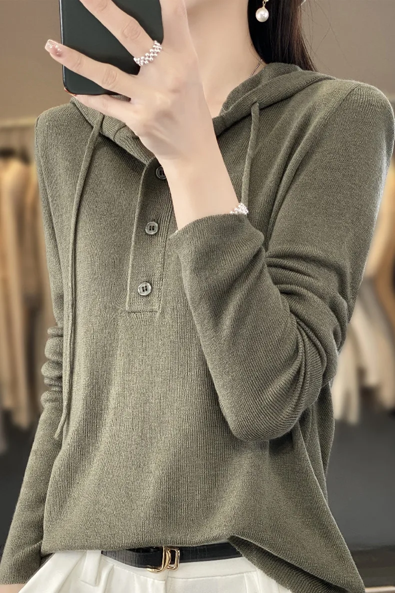 100% Merino Wool Women's Hoodie Button Casual Fashion Spring Autumn Cashmere Knitted Hoodie