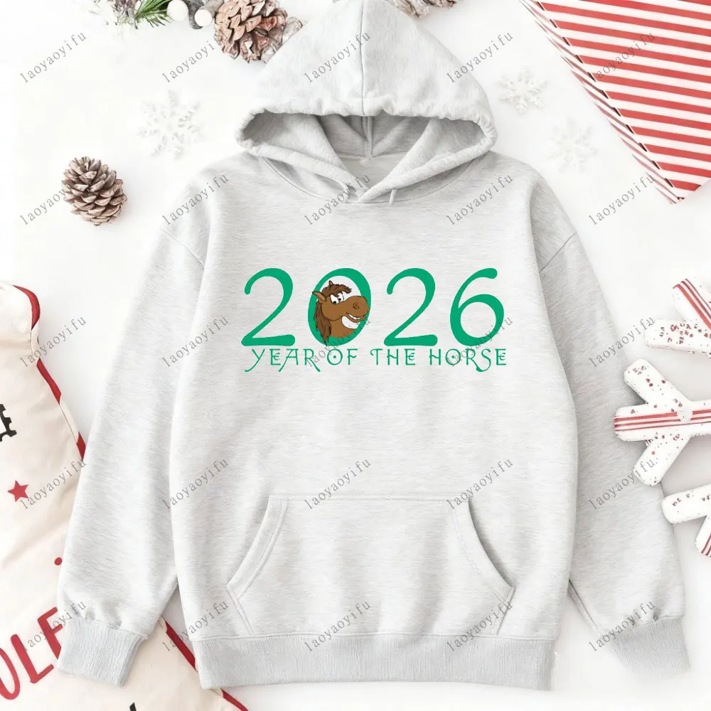 سنة الحصان سنة جديدة سعيدة 2026 السنة الصينية الجديدة الجرافيك هوديي أساسيات هوديي الشارع بلوفر أنيق قطرة الكتف رياضية #3