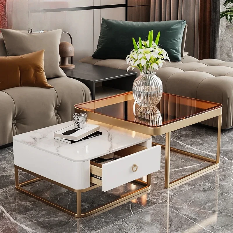 Nordic Square Coffee Table Combination  Modern Simple Living Room Home Small Apartment Bright Surface Stone Plate High Sense