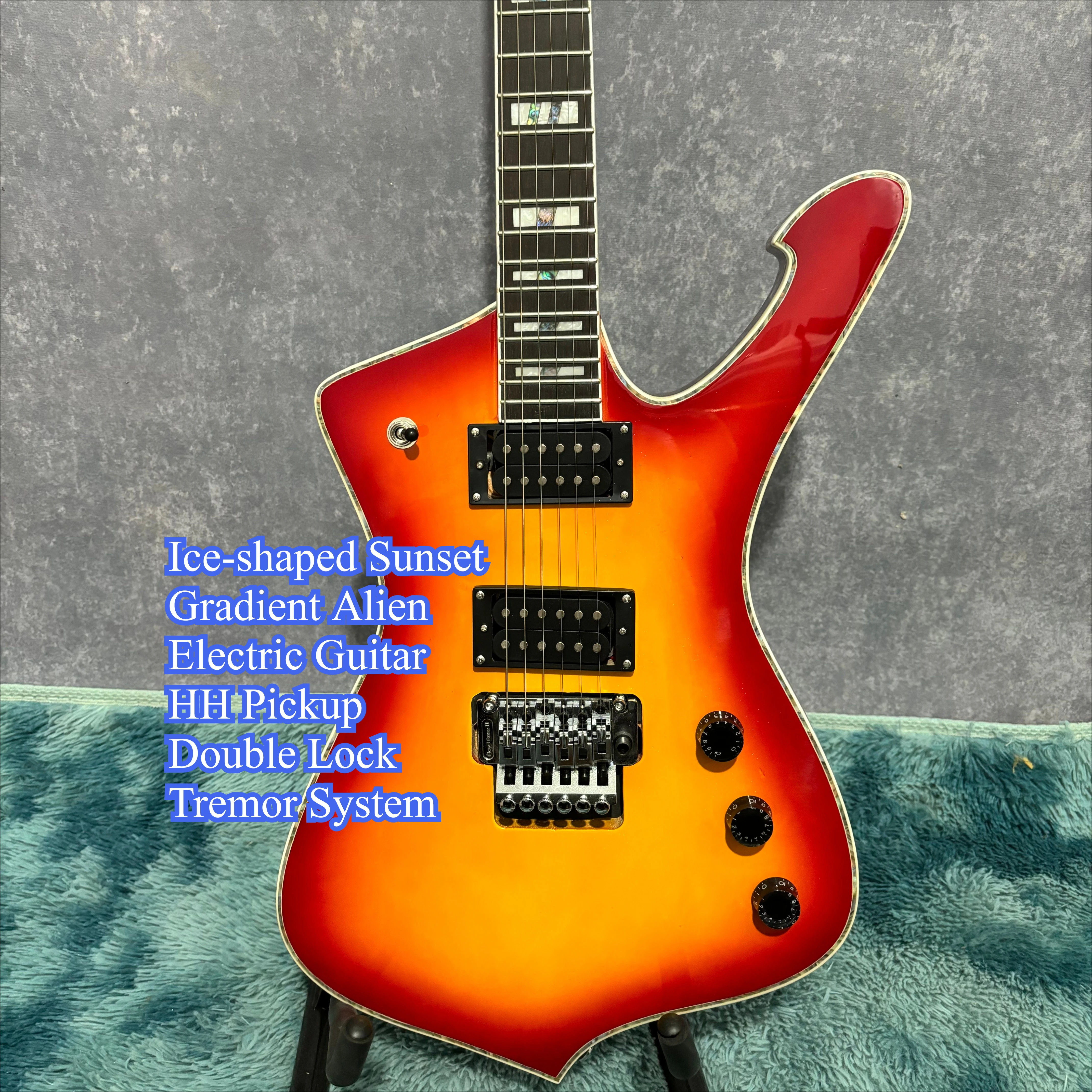 PS10 Cust Ice‑shaped Sunset Gradient Alien Electric Guitar HH Pickup Double Lock Tremor System Shell Inlaid Wrapped Metal Rock