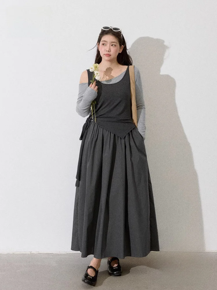 

Комплект из двух предметов: осенний наряд для полных женщин, с открытыми плечами, простой, повседневный, с высокой талией, длинный рукав