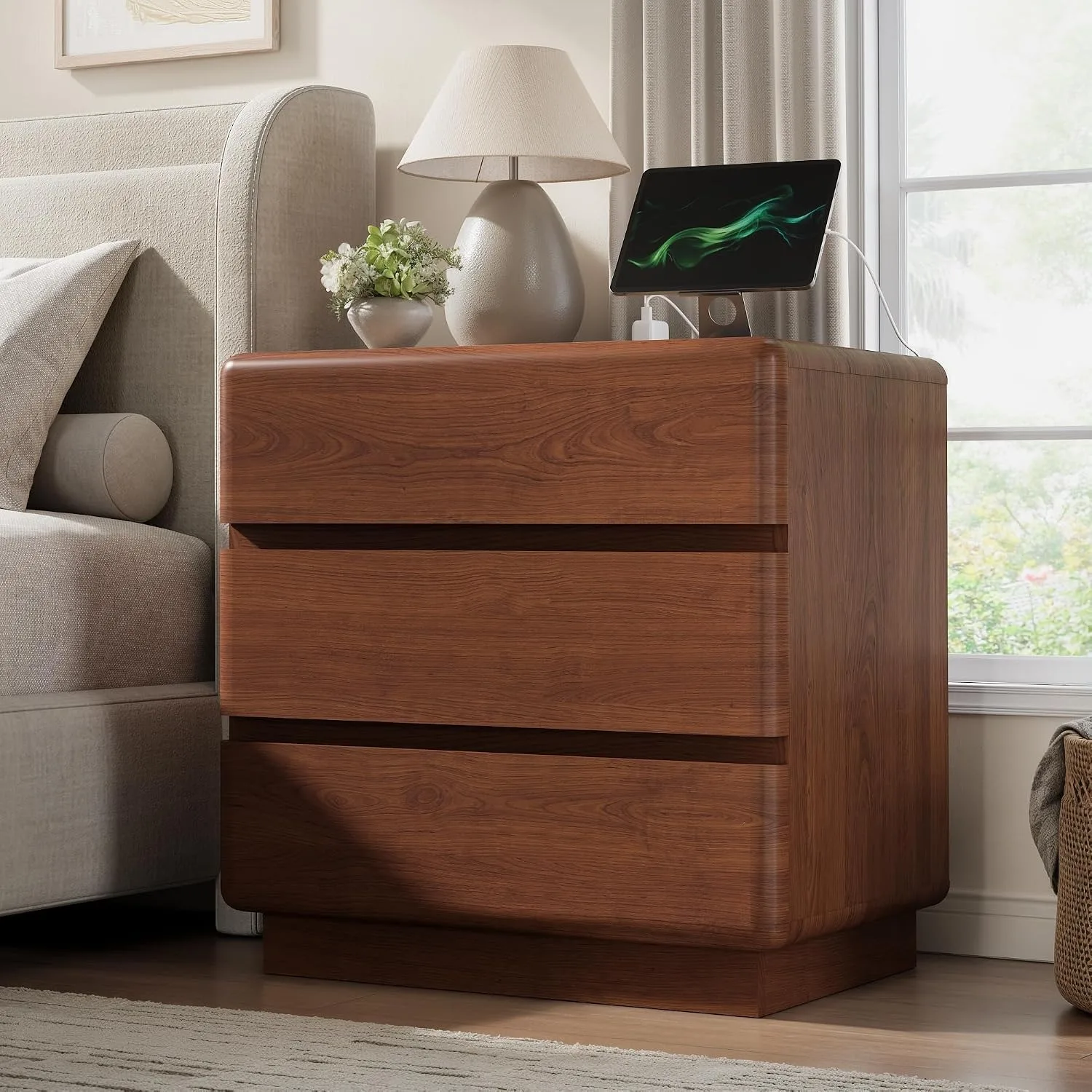 23.6" Walnut 3-Drawer Nightstand with Charging Station