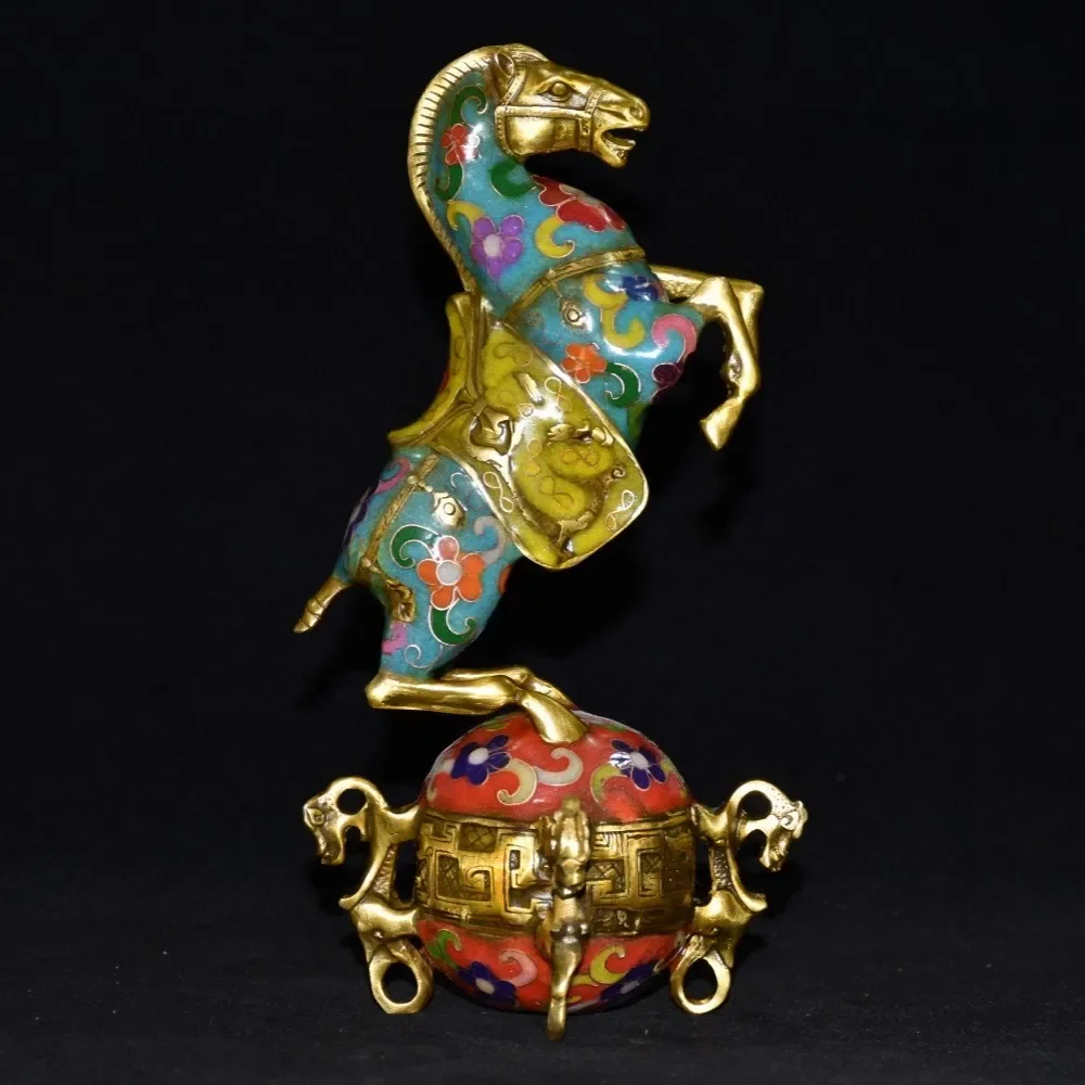 

9"Tibetan Temple Collection Old Bronze Cloisonne Enamel Horse Statue Horse Treads on the Universe Amass wealth Ornaments