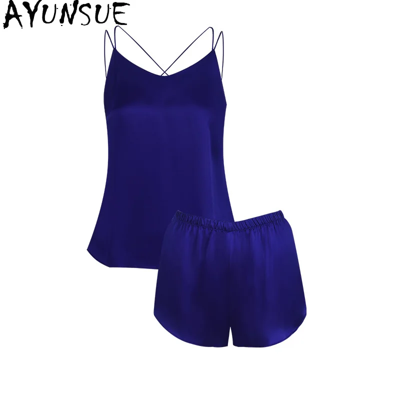

AYUNSUE 16 мм, 100% натуральный шелк тутового шелкопряда, женская пижама, летняя одежда 2026, комплект из топа на бретельках и повседневных шорт, Pijama Feminino