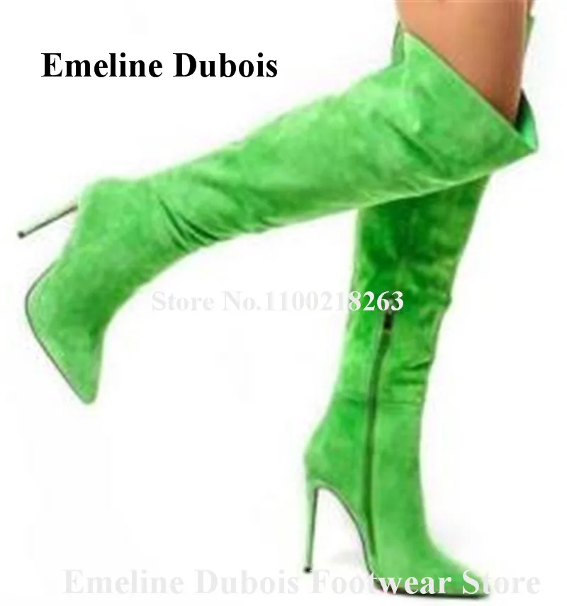 Sexy Green Suede Over Knee Boots Emeline Dubois Pointed Toe Stieltto Heel Long Boots Party Dress Heels Big Size Boots