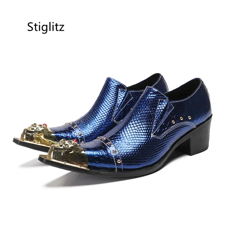 

Men's High Heel Leather Shoes Metal Pointed Toe Rivet Gold Blue Red Luxury Party Dress Shoes Snake Pattern Slip On Male Shoe
