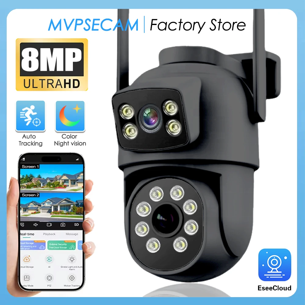 

Black EseeCloud 8MP 4K PTZ Wifi PTZ Camera With Dual Lens Dual Screens Human Detection Wireless Outdoor CCTV Security IP Camera