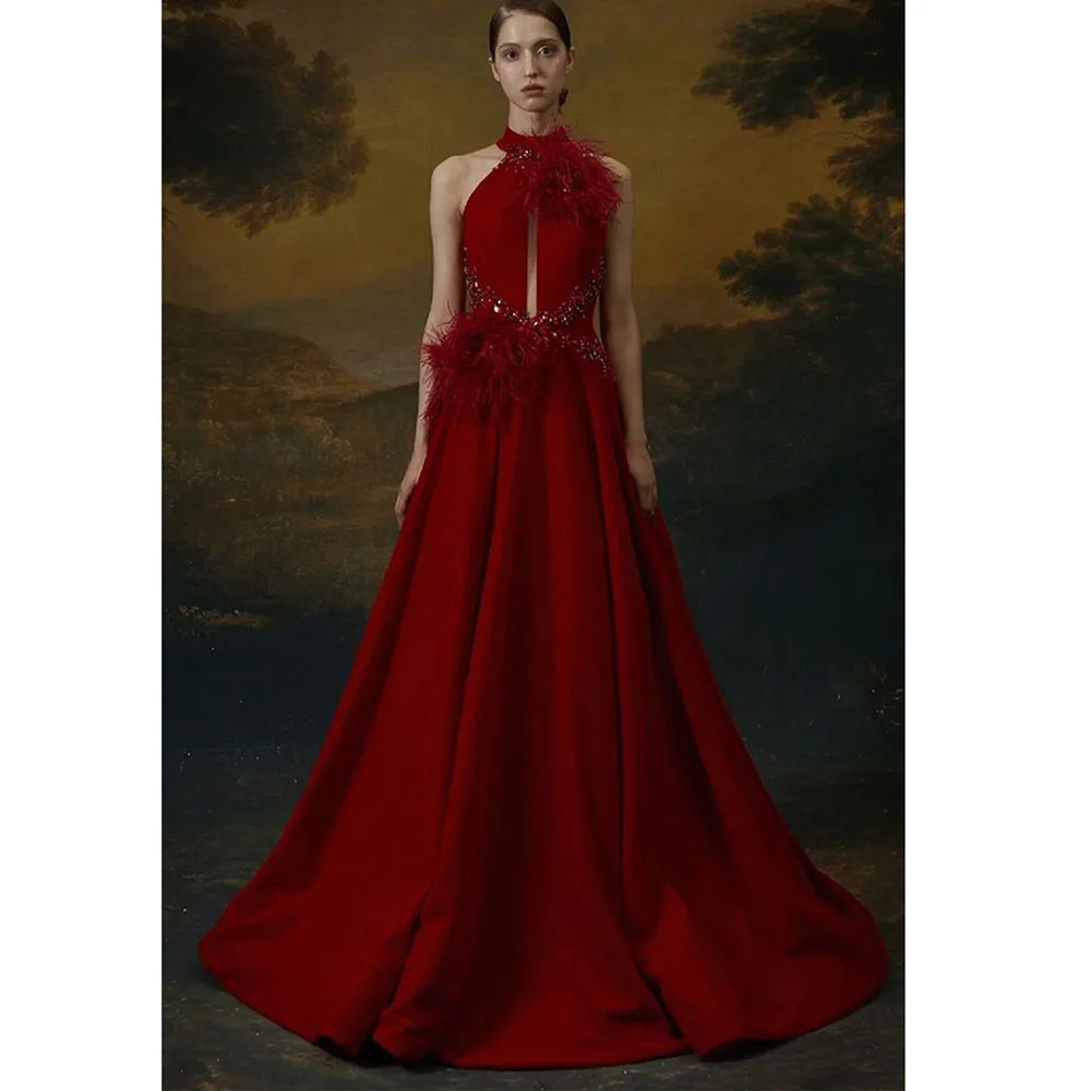 Robe de Soirée en Plumes et Clip pour Occasions Spéciales, Tenue de Bal de Standing, Longue et Exquise, avec Traîne à Balayage et Col Haut, Quelle que soit la Collection 2024