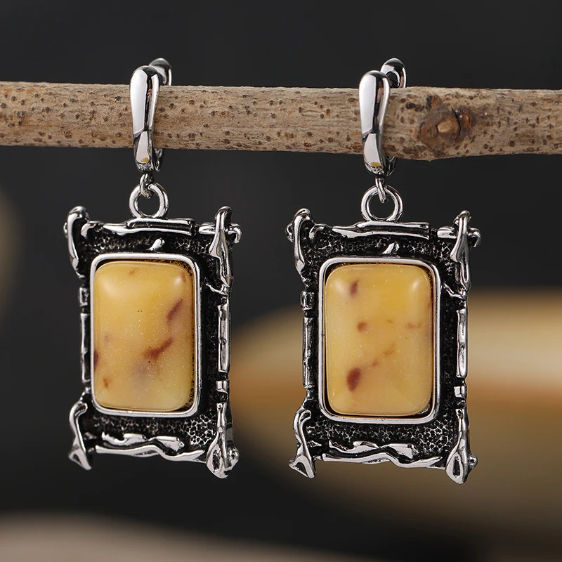 Women's Artistic Framed Wave Synthetic Gemstone Dangle Earrings Elegant Vintage Banquet Vacation Silvery Color Jewelry Accessory