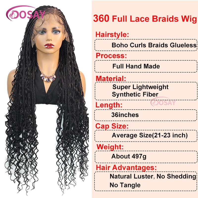 36" Synthetic Full Lace Hair Curly End Wigs Boho Braided Wigs Wear go Glueless Afric Cornrow Braiding Lace Wigs For Black Woman