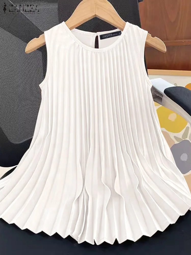 ZANZEA Summer O-neck Beach Tank Tops Women Korean Sleeveless Pleated Tanks 2024 Fashion Casual Loose Tunic Sweety Holiday Camis