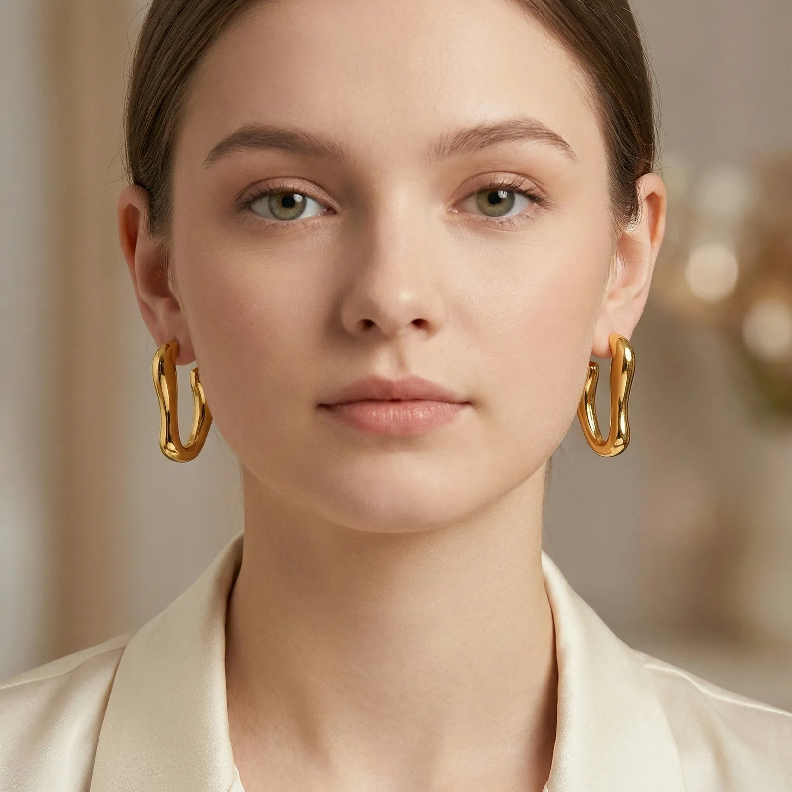 Irregular Geometric Hoop Earrings Stainless Steel Gold Plated Thick Abstract Hollow Lightweight Jewelry Non-Tarnish
