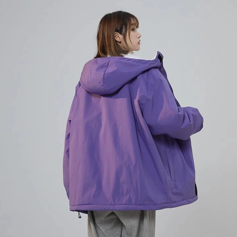 Cargo Padded Cotton Jacket Women Loose Straight Thickened Warm Fall Winter Purple Outwear Zipper Chic Harajuku Y2K Korean Coat