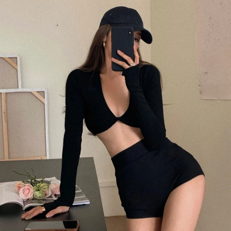 2024 New trend Sport Bikini Woman Solid High Waist Hollow Out Long Sleeveless Swimwear Beach Holiday Clothes Female Swimsuits