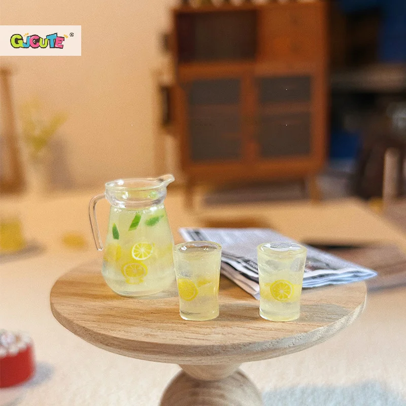 1:12 Dollhouse Miniature Lemon Juice Jug Cup Set Model Doll Drink Decor Toy Doll House Mini Kitchen Scene Ornament