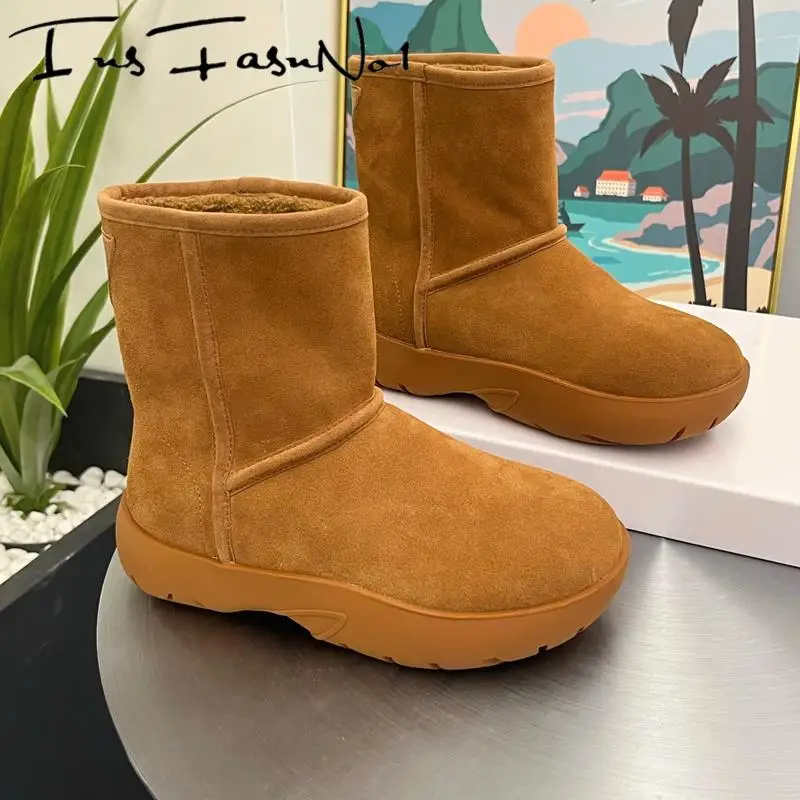 Genuine Leather Chunky Heel Platform Snow Boots Women All Match Casual Increaing Winter Shoes Keep Warm Plush Mid Cafa Botas New