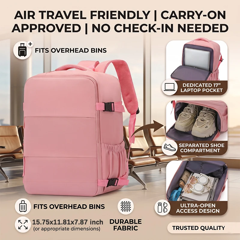 Women Large Travel Backpack, Minimalist Solid Color Carry On Rucksack with Separate Shoe Compartment & 17 Inch Laptop Sleeve, Br