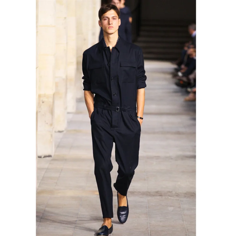 Casual Fashion Men Rompers Jumpsuit One Piece Overalls Cotton Mens Runway Designer Long Sleeve Male Set Outfit Clothes Jumpsuits