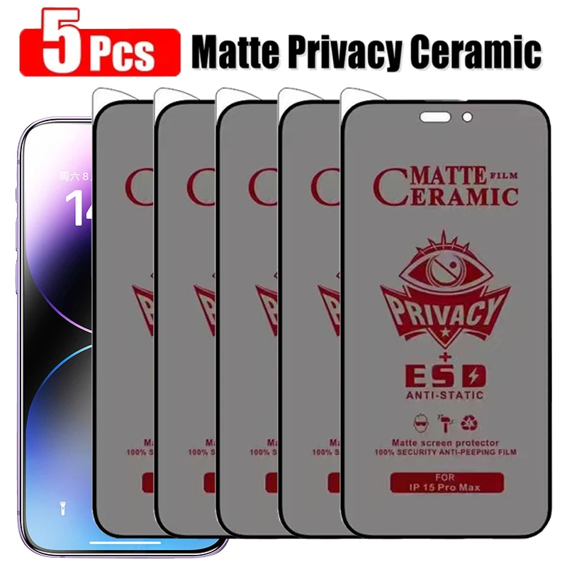 

5Pcs Matte Ceramic Privacy Screen Protector for iPhone 14 11 12 13 15 Pro Max Mini Anti-spy Film for IPhone 15 Plus XR X XS MAX