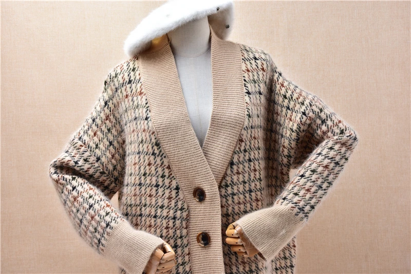 Frauen Mujer Herbst Winter Dicke Warme Plaid Haarigen Angora Kaninchen Haar Gestrickte V-ausschnitt Mit Langen Ärmeln Lose Strickjacken Pullover Jacke